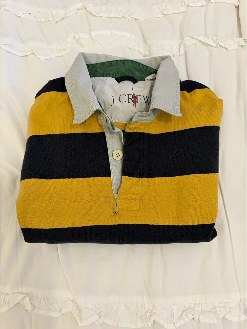 Vintage 90s J Crew Rugby Shirt Men's XLT Blue Yellow Striped Faded Well Worn